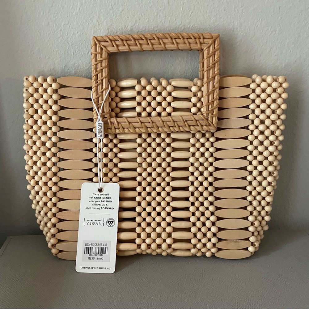NEW Beige Wooden Beaded Del Mar Tote from Urban Expressions